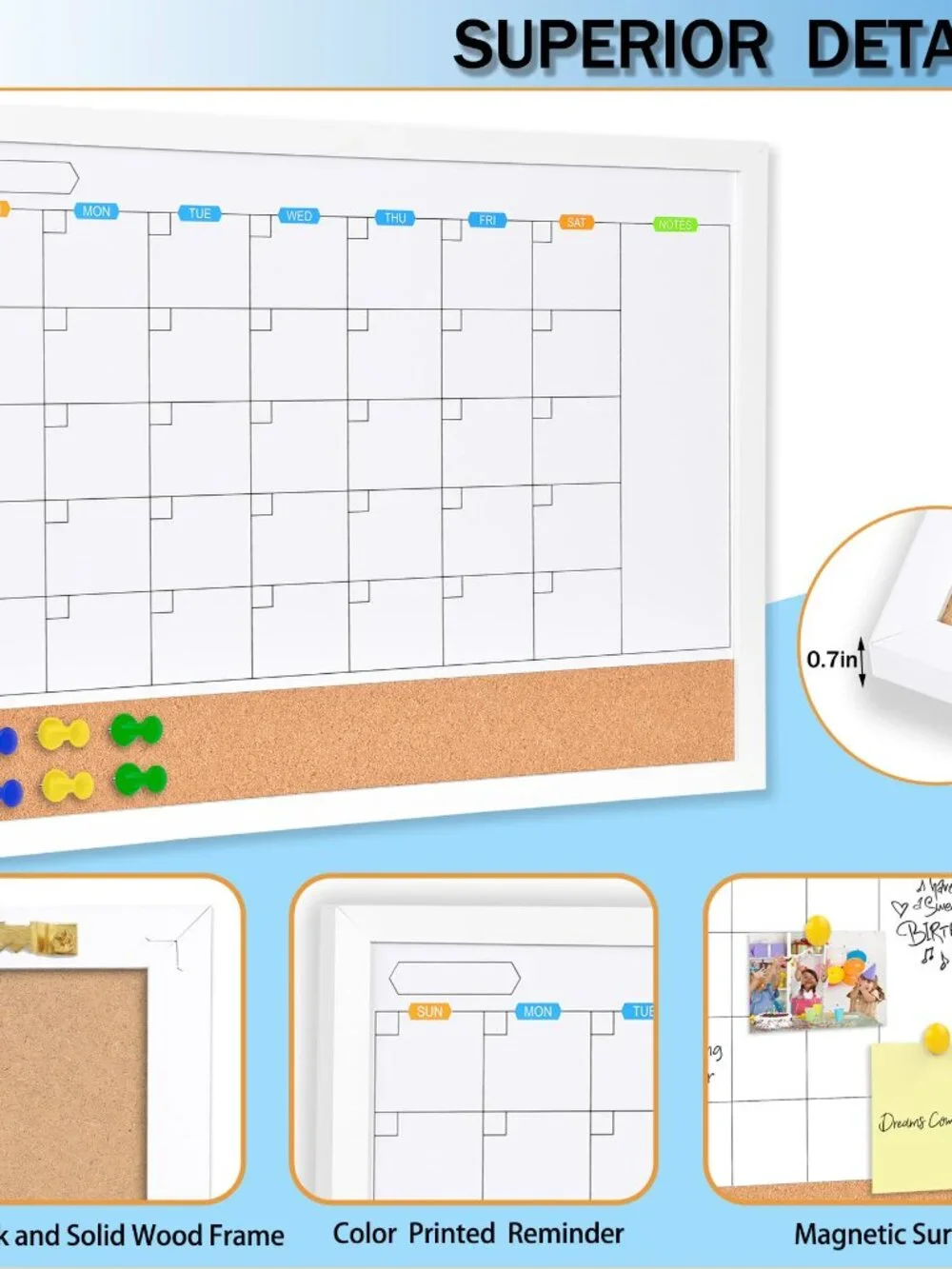 Monthly Whiteboard Calendar with Cork Board for Wall, 17